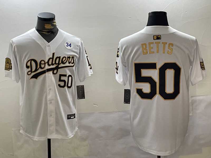 Mens Los Angeles Dodgers #50 Mookie Betts White Gold 2024 World Series With Fernando Memorial Patch Limited Stitched Jersey->los angeles dodgers->MLB Jersey